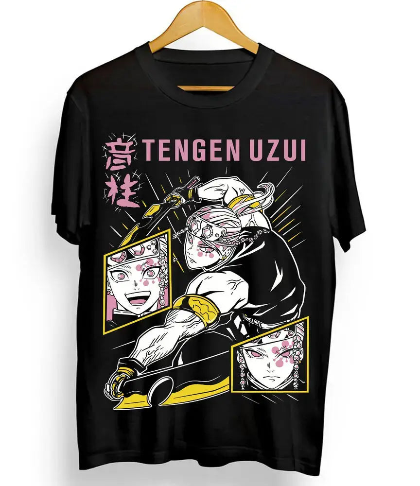 A premium black Tengen Uzui T-shirt featuring high-quality graphic art of the Sound Hashira from Demon Slayer, available in sizes S to 5XL.