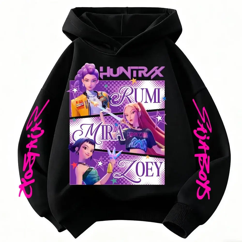 A fashionable KPop Demon Hunters Hoodie featuring the Huntrix design, a spring and autumn sweatshirt for boys and girls.
