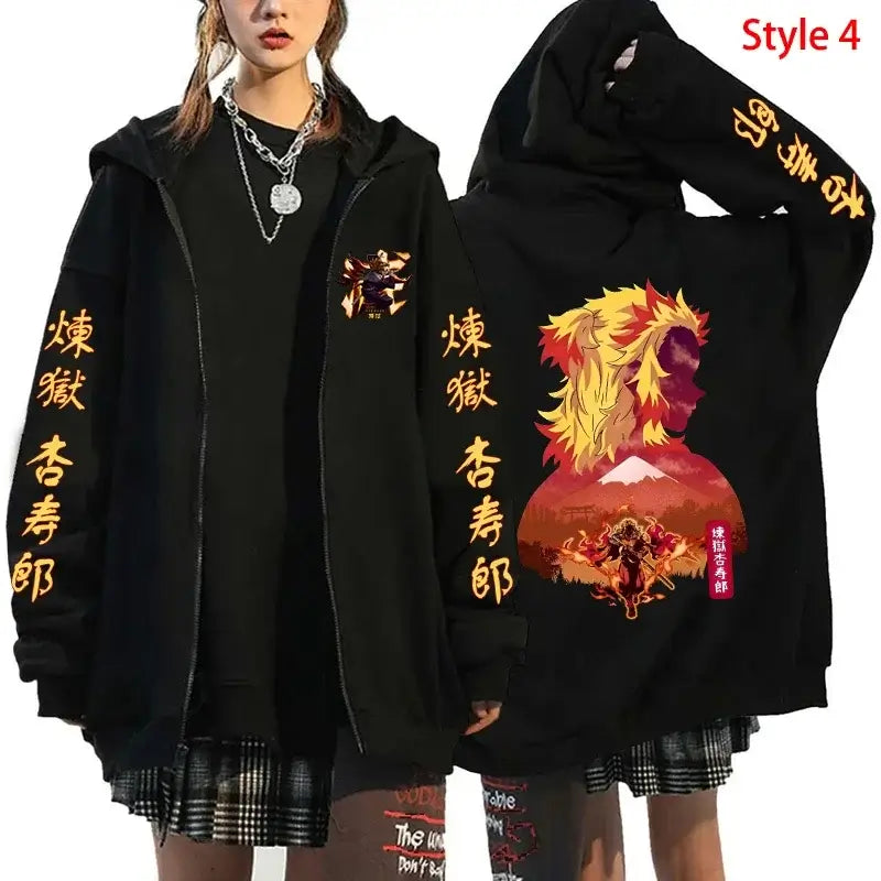 A stylish Rengoku Zipper Hoodie featuring Kyoujurou anime graphics, designed as a casual autumn jacket for men and women.