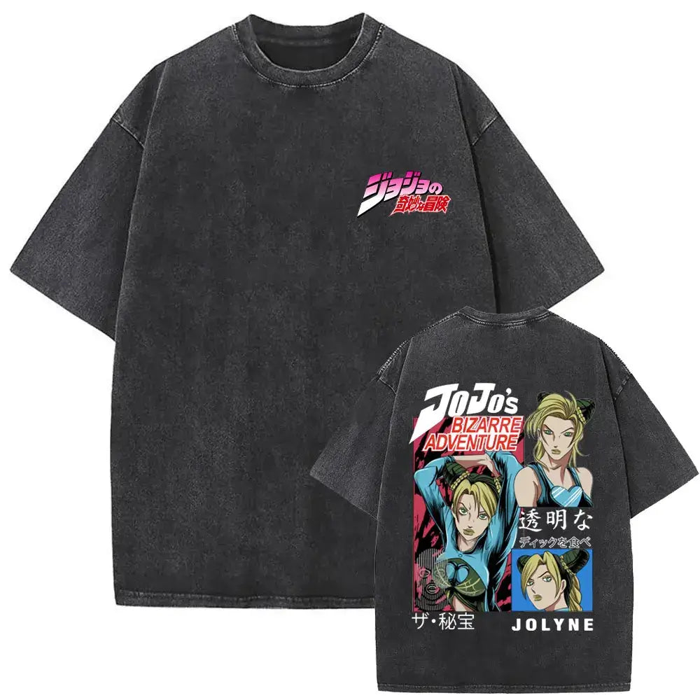 A washed Jojo Bizarre Adventure Vintage T-shirt featuring high-quality manga prints of Jotaro Kujo, Dio, and Giorno for men and women.