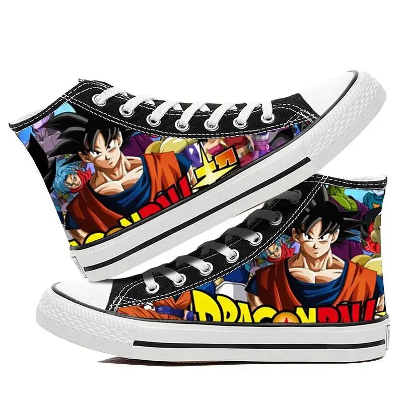 Trendy Dragon Ball High Top Canvas Shoes featuring Goku and Vegeta animation art, breathable flat sneakers for students and fans.