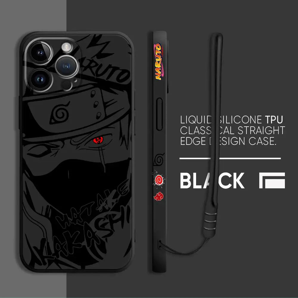 A premium Kakashi Itachi Phone Case featuring square liquid silicone design and anime art for Apple iPhone 15, 14, and 13 Pro Max.