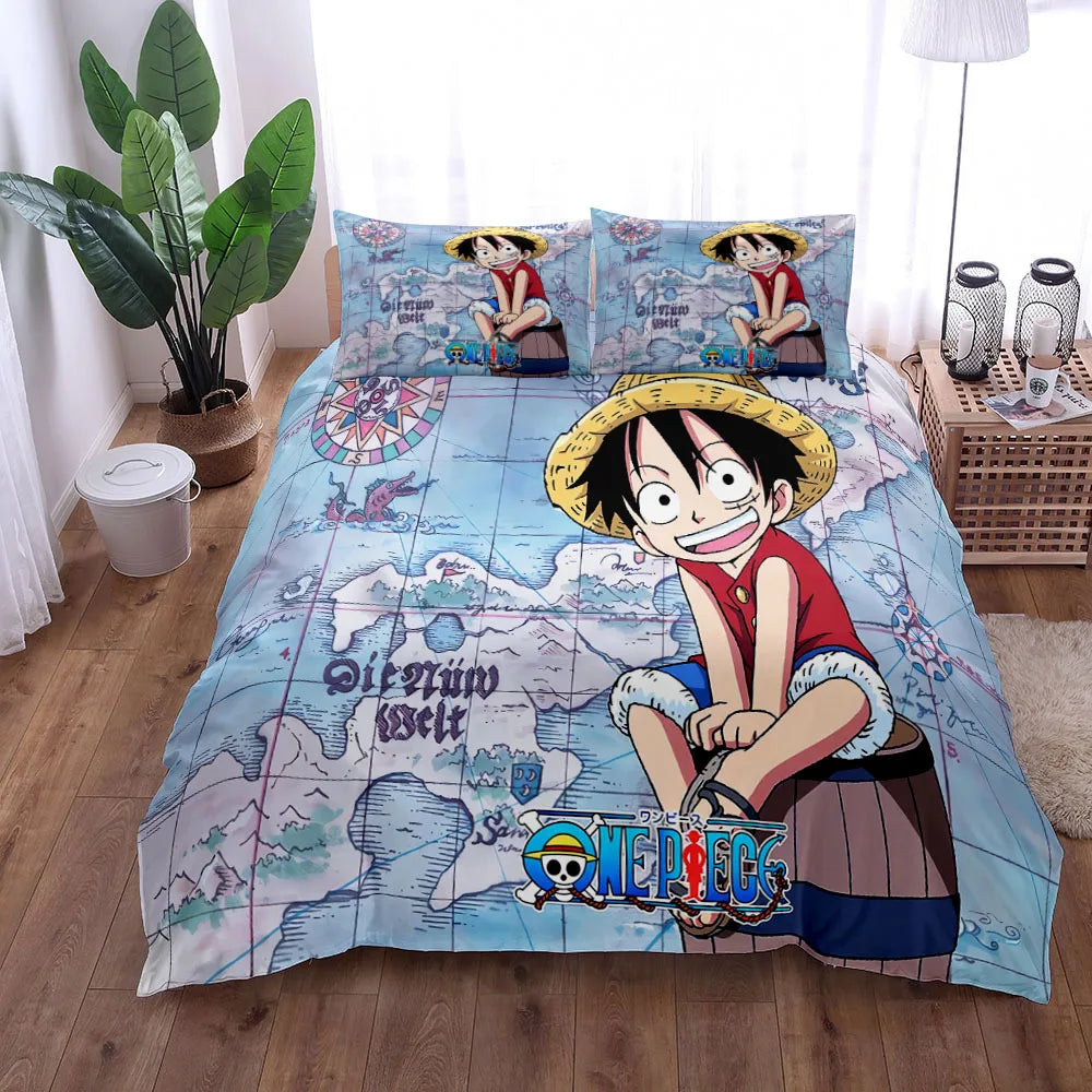 A vibrant One Piece Bedding Set featuring Monkey D. Luffy anime art on a duvet cover and pillowcase, designed for children's bedroom decor.