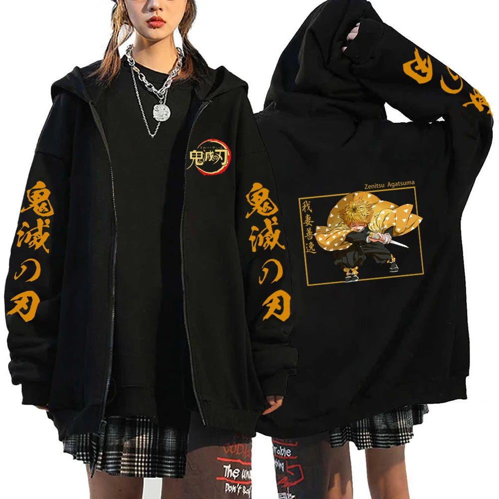A Y2K style Demon Slayer Zip Up Hoodie featuring a Nezuko Kamado graphic, unisex hip hop streetwear for men and women.