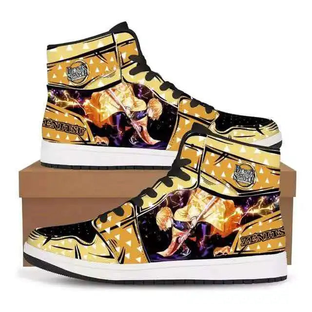 High-top Demon Slayer Sneakers featuring Tanjiro Kamado and Nezuko Kamado anime designs, styled as fashionable basketball shoes for men and women.