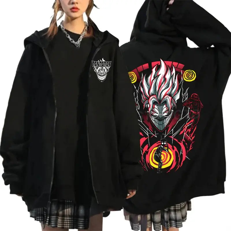 An oversized Anime Dandadan Ken Takakura Hoodie with a graphic print of Okarun, designed as a Harajuku male zipper jacket for men and women.