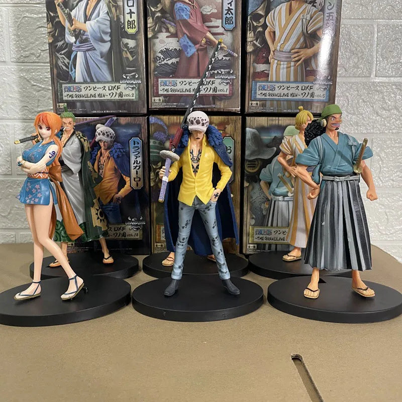 A detailed One Piece 17cm Anime Figure statue featuring Monkey D. Luffy, Roronoa Zoro, and Yamato for collection and desktop display.