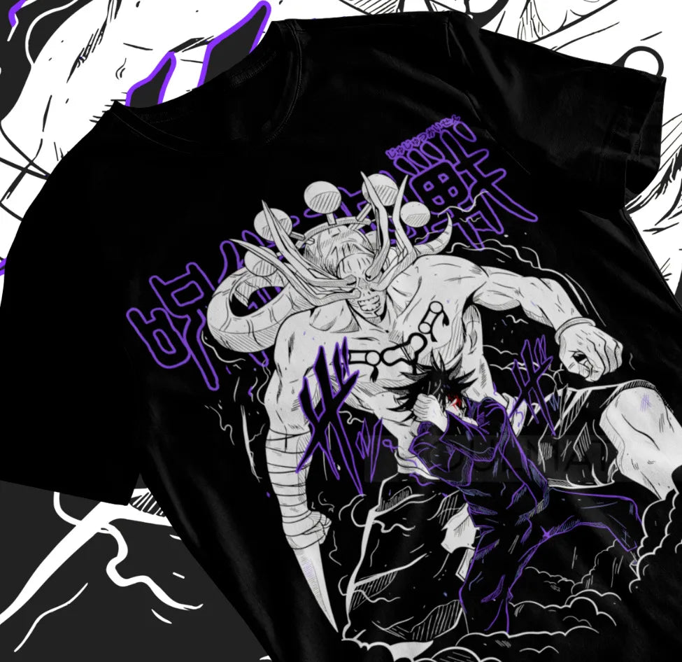 A soft Megumi Fushiguro T-shirt from Jujutsu Kaisen, featuring a design inspired by his Ten Shadows Technique and Divine Dogs.