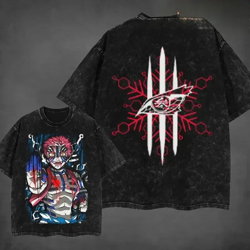A popular Washed Vintage Akaza T-shirt with a Demon Slayer manga graphic in an oversized style for men.