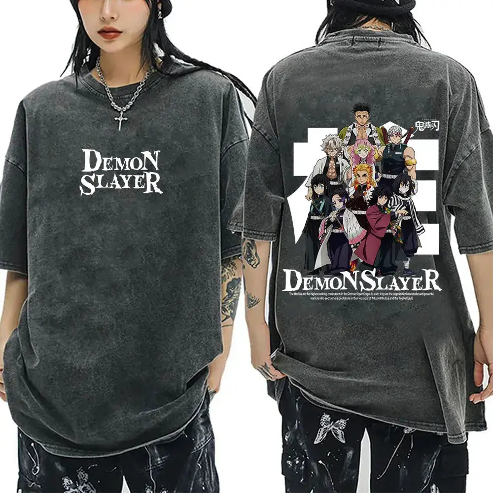 A vintage washed Demon Slayer Serpent Hashira Iguro Obanai T Shirt in a casual, oversized style for men and women.