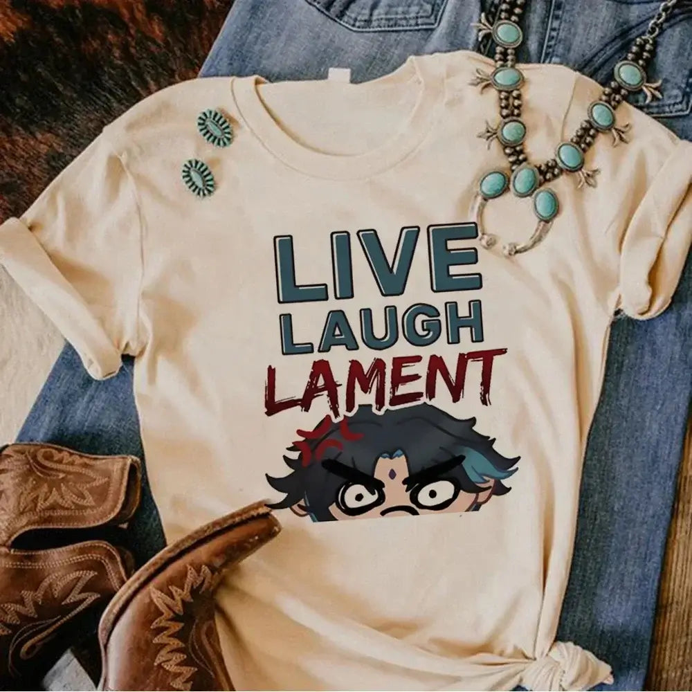 A woman wearing a funny Y2k Genshin Impact Furina T-Shirt with a comic anime design.