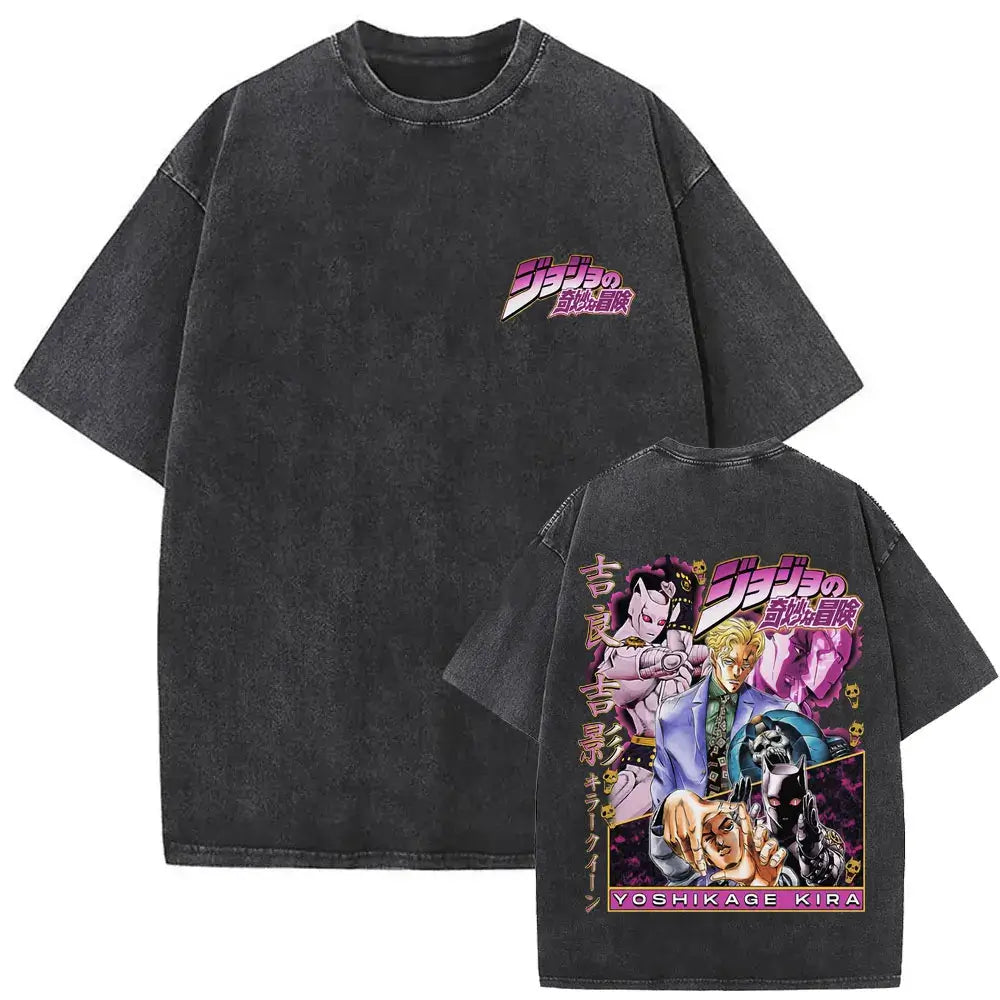 A washed Jojo Bizarre Adventure Vintage T-shirt featuring high-quality manga prints of Jotaro Kujo, Dio, and Giorno for men and women.
