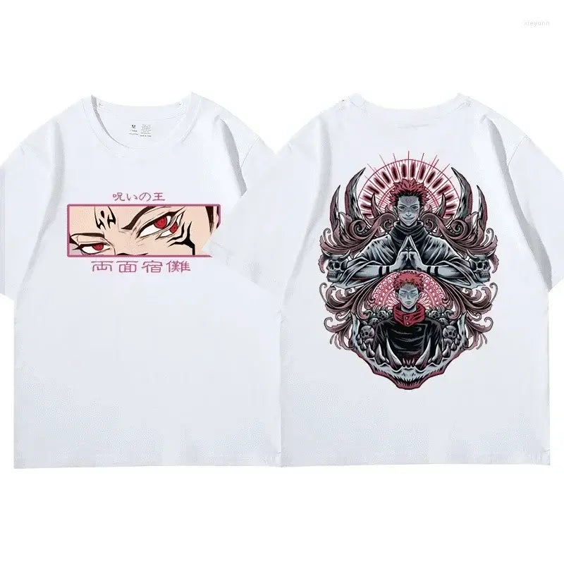 A 2026 loose-fit Ryomen Sukuna T-shirt featuring high-definition Jujutsu Kaisen manga graphic art on soft cotton for men and women.