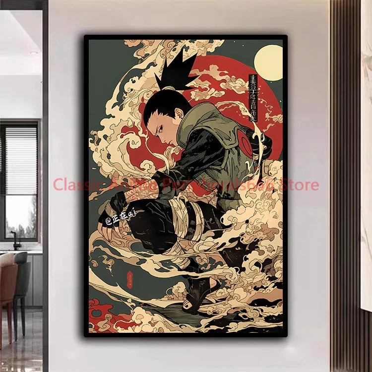A traditional Ukiyo-e style Naruto Poster canvas painting featuring Akatsuki members Itachi and Sasuke for aesthetic home decor.
