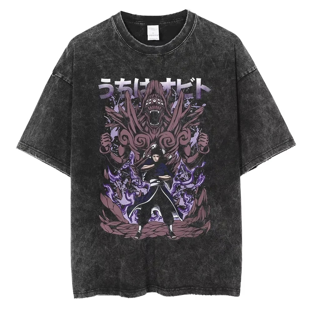 A washed black Naruto Vintage T-Shirt featuring a hip hop style anime print, designed as Harajuku streetwear for men and women.