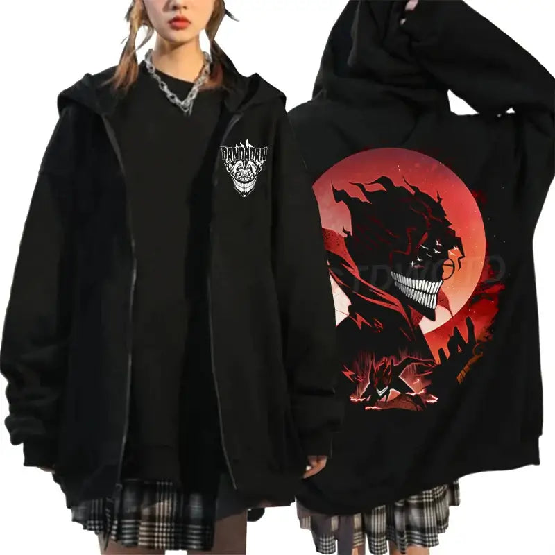 An oversized Anime Dandadan Ken Takakura Hoodie with a graphic print of Okarun, designed as a Harajuku male zipper jacket for men and women.