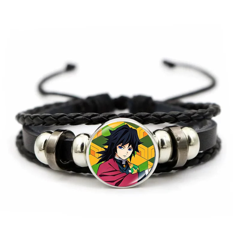 A woven leather Demon Slayer Bracelet featuring a glass art photo charm of Tanjiro Kamado and Nezuko, designed as an anime accessory for fans.
