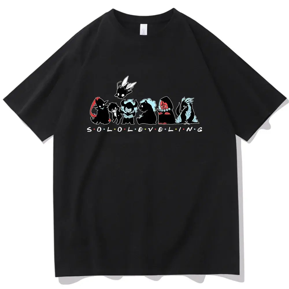 A Cute Solo Leveling T-shirt with a chibi anime design, perfect as a short sleeve O-neck gift for fans.