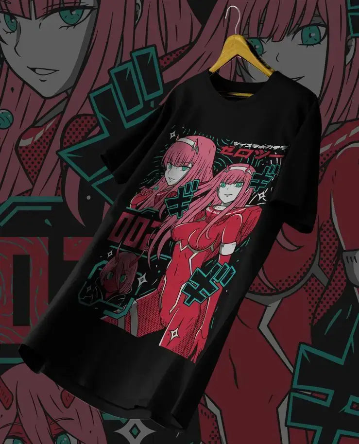 A pink aesthetic Zero Two Unisex T-Shirt featuring Darling in the Franxx anime art in a kawaii vaporwave style.