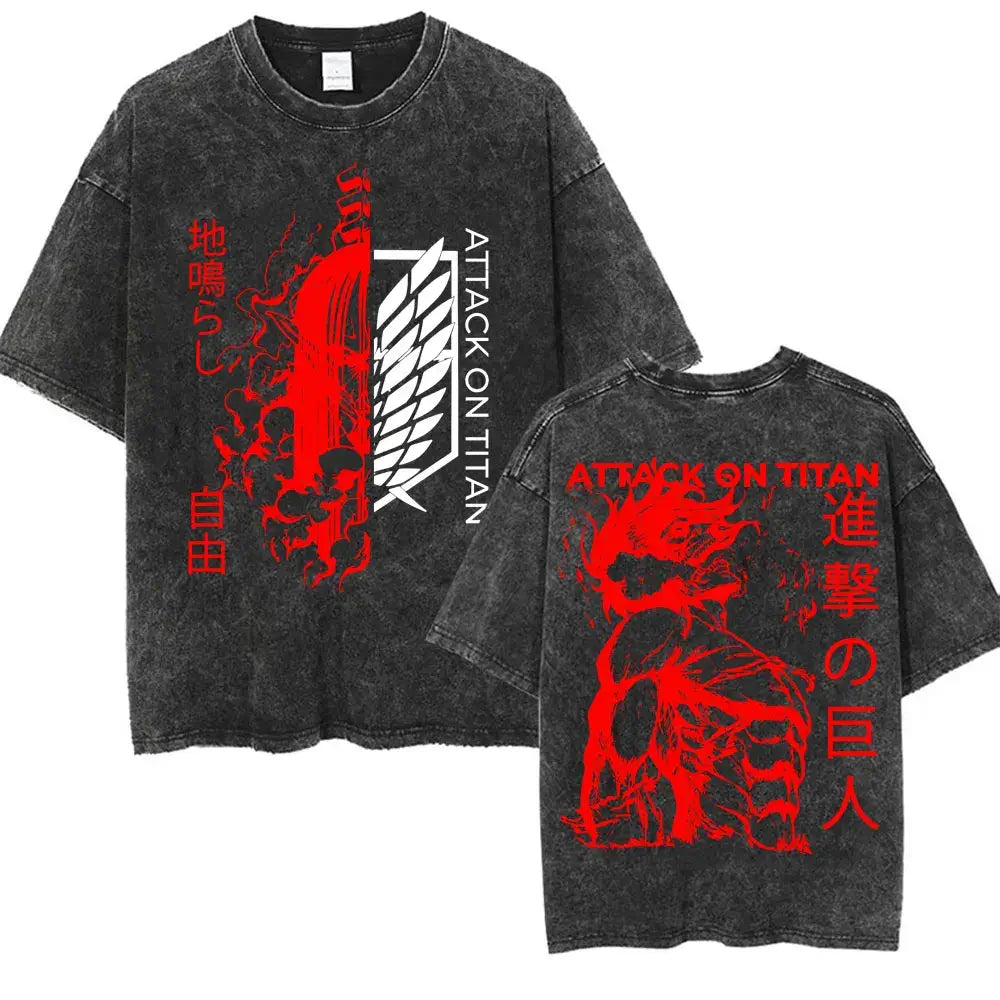 An oversized Attack on Titan Washed T-shirt featuring a vintage Levi Ackerman graphic, a stylish streetwear item for men and women.