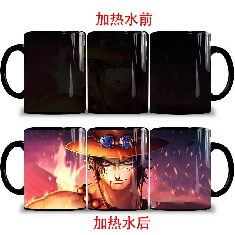 A ceramic One Piece Color Changing Mug revealing Gear 5 Nika Luffy and Fire Fist Ace artwork when filled with hot liquid.