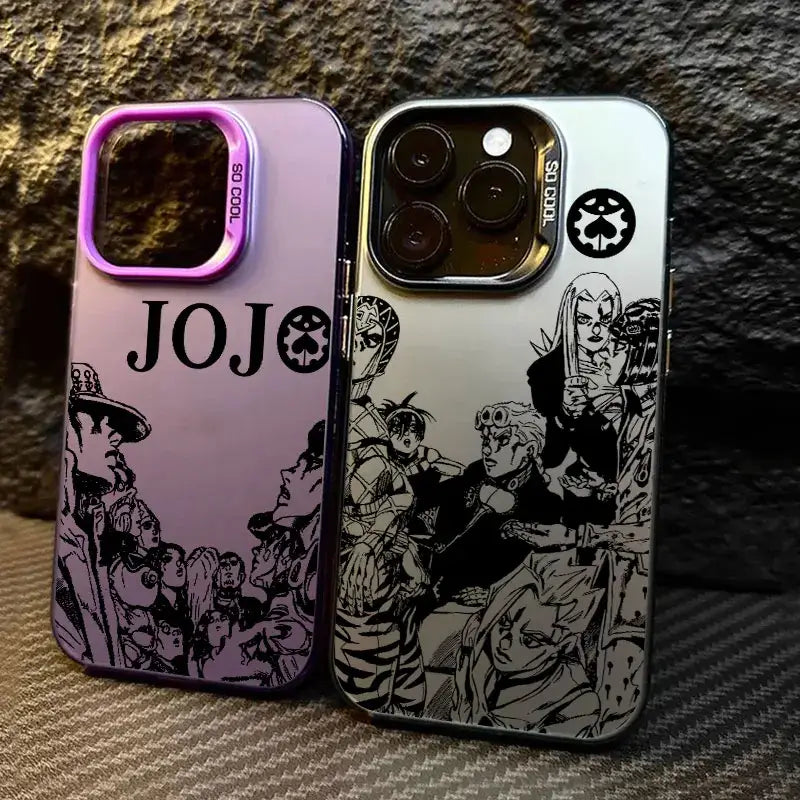 A shockproof JoJo's Bizarre Adventure Phone Case featuring colorful anime art of Jotaro and Dio, compatible with Apple iPhone 16e, 16, 15, and 14 Pro Max.