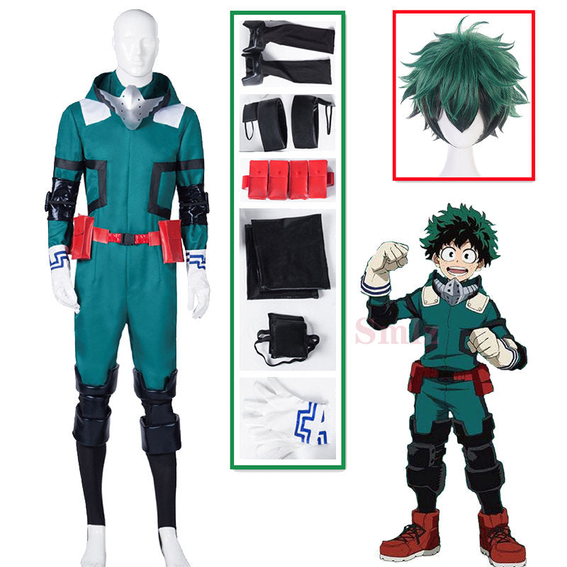 A complete unisex Anime My Hero Academia Midoriya Izuku Deku Battle Cosplay Costume set, with the green Halloween wig hair.