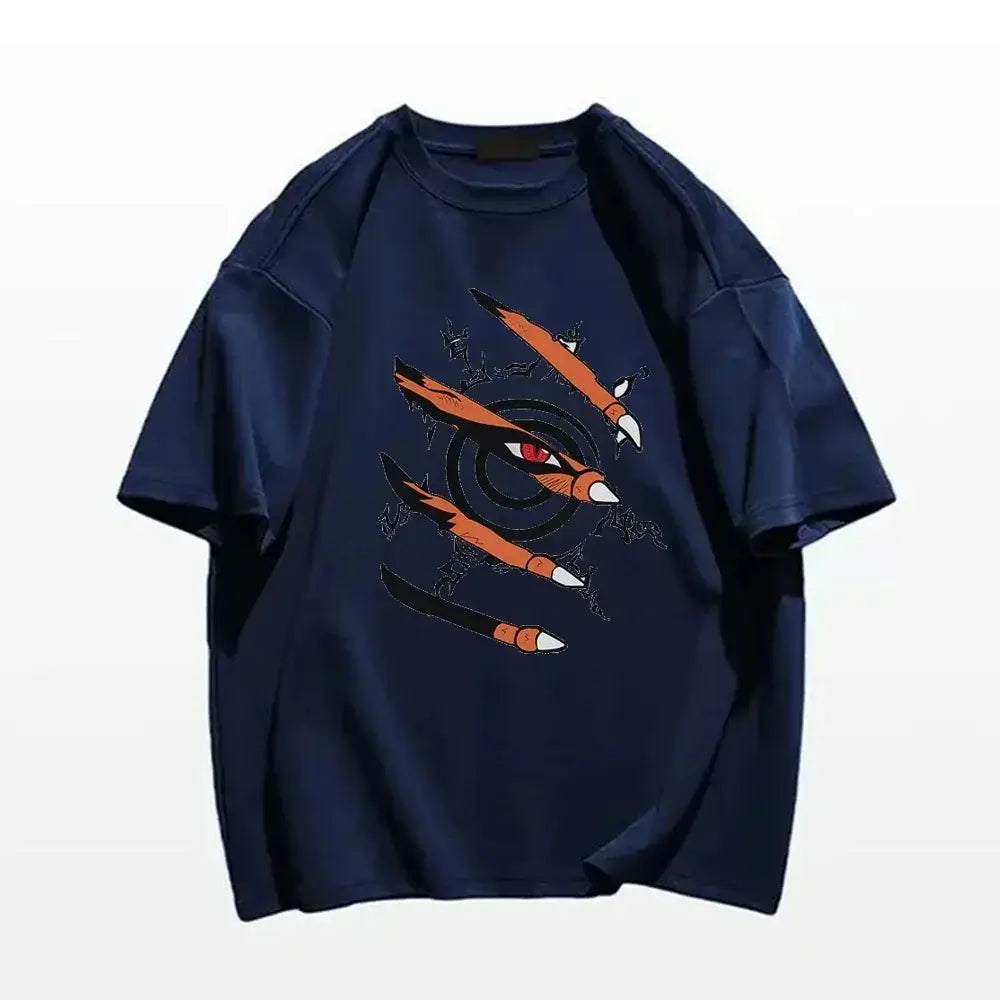 Naruto Graphic T-Shirt featuring a unique design with four orange kunai and a target symbol on a navy blue background.