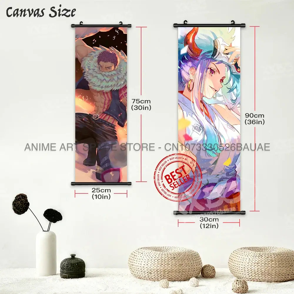 A vibrant One Piece Hanging Painting featuring anime characters Monkey D. Luffy, Portgas D. Ace, Sabo, and Shanks on a canvas scroll for home decor.