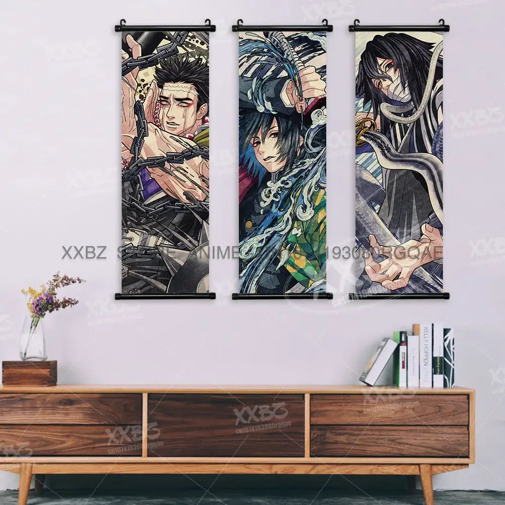 High-quality Demon Slayer Posters wall art scrolls featuring Hashira Kanroji Mitsuri, Iguro Obanai, and Tokitou Muichirou for home decor.