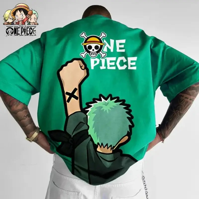 A fashionable One Piece Graphic T-Shirt in an oversized streetwear fit, featuring a high-quality anime print of Monkey D. Luffy and Roronoa Zoro.