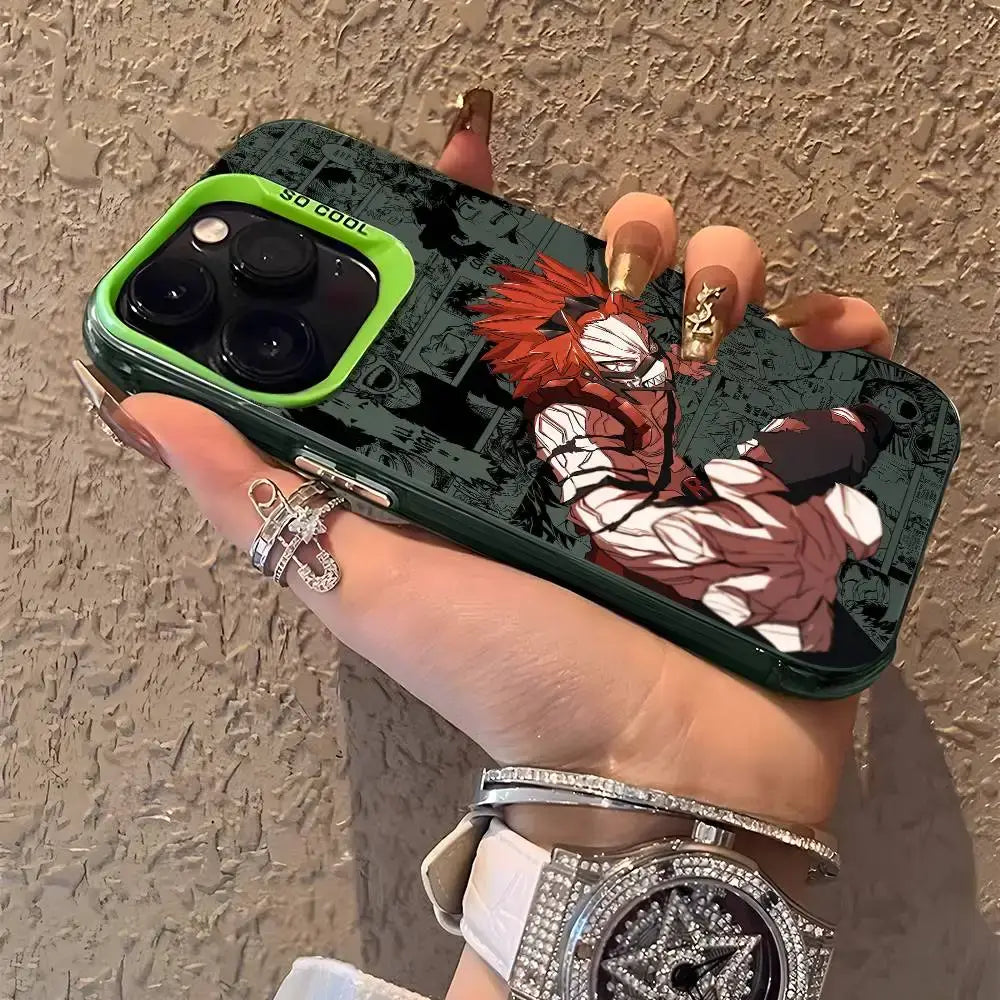 A shockproof Eijiro Kirishima Phone Case featuring a multicolor aurora laser finish and Red Riot anime art, compatible with Apple iPhone 16, 15, and 14 Pro Max.