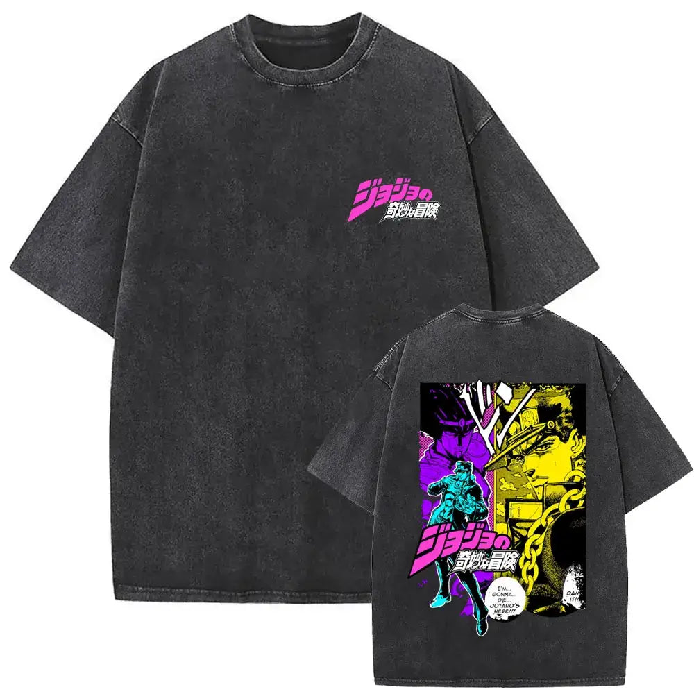 A washed Jojo Bizarre Adventure Vintage T-shirt featuring high-quality manga prints of Jotaro Kujo, Dio, and Giorno for men and women.