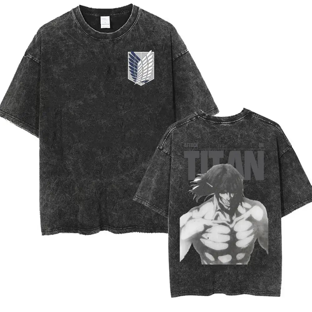 An oversized Attack on Titan Washed T-shirt featuring a vintage Levi Ackerman graphic, a stylish streetwear item for men and women.