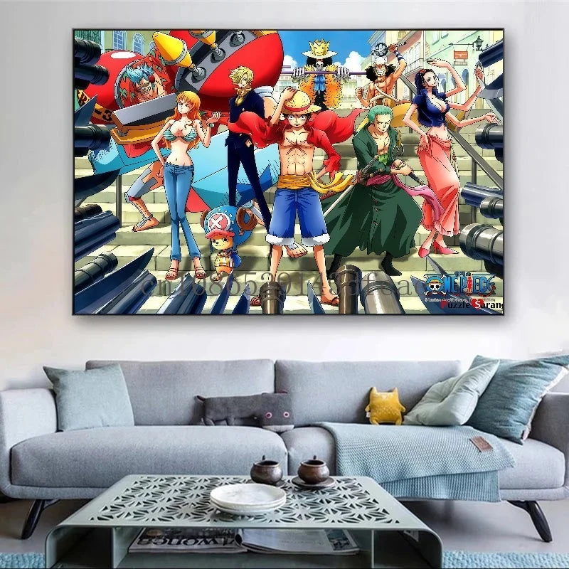 A high-definition One Piece Canvas Painting featuring Monkey D. Luffy in a watercolor art style, hanging on a modern living room wall.