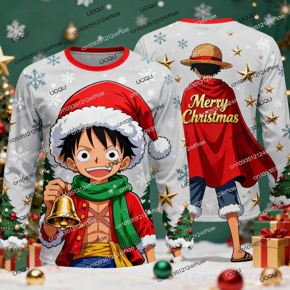 A festive Luffy Christmas Long Sleeve t-shirt featuring One Piece anime art, designed as a holiday gift for men, women, and kids.