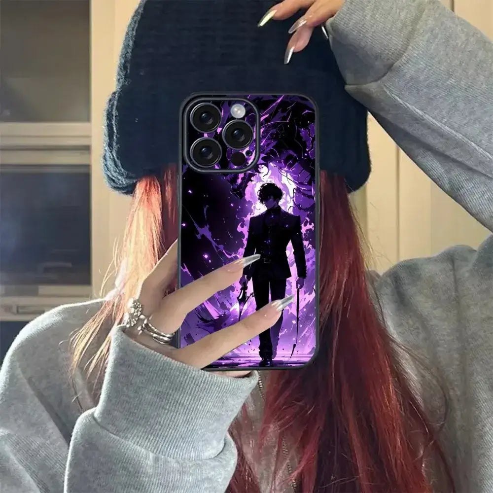 A soft TPU Solo Leveling Phone Case featuring Sung Jinwoo anime art, compatible with Apple iPhone 16, 15, and 14 Pro Max.