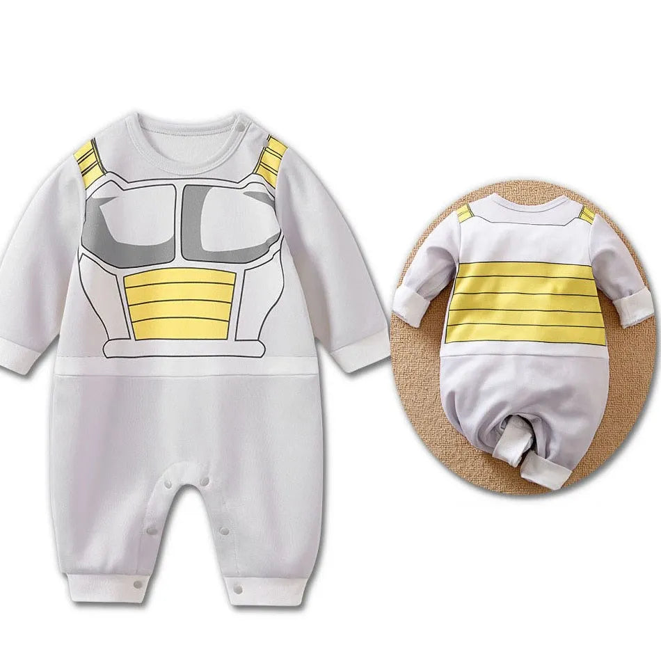 A newborn infant wearing the Baby Anime Costume, a cosplay jumpsuit available in Luffy, Akatsuki, and Vegeta styles.