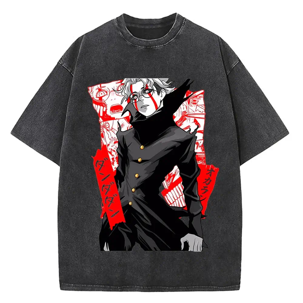 A high-quality cotton men's Dandadan Okarun T-shirt with a Japanese anime cartoon print and aesthetic fashion design.