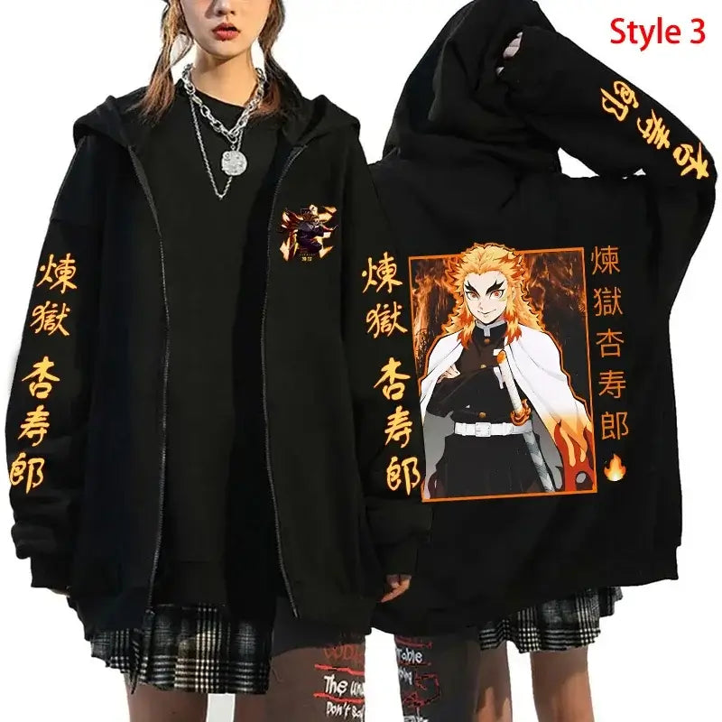 A stylish Rengoku Zipper Hoodie featuring Kyoujurou anime graphics, designed as a casual autumn jacket for men and women.