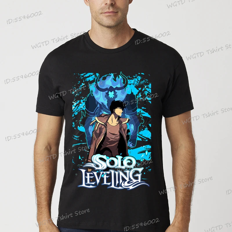 A vintage black Solo Leveling Anime T-Shirt featuring a funny Sung Jinwoo graphic print, available in sizes S to 4XL for men and women.