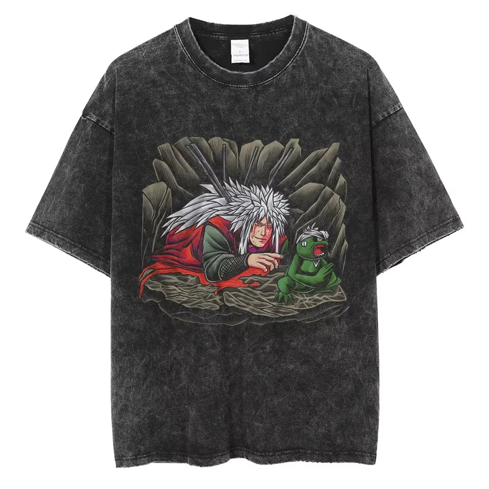 A washed black Naruto Vintage T-Shirt featuring a hip hop style anime print, designed as Harajuku streetwear for men and women.
