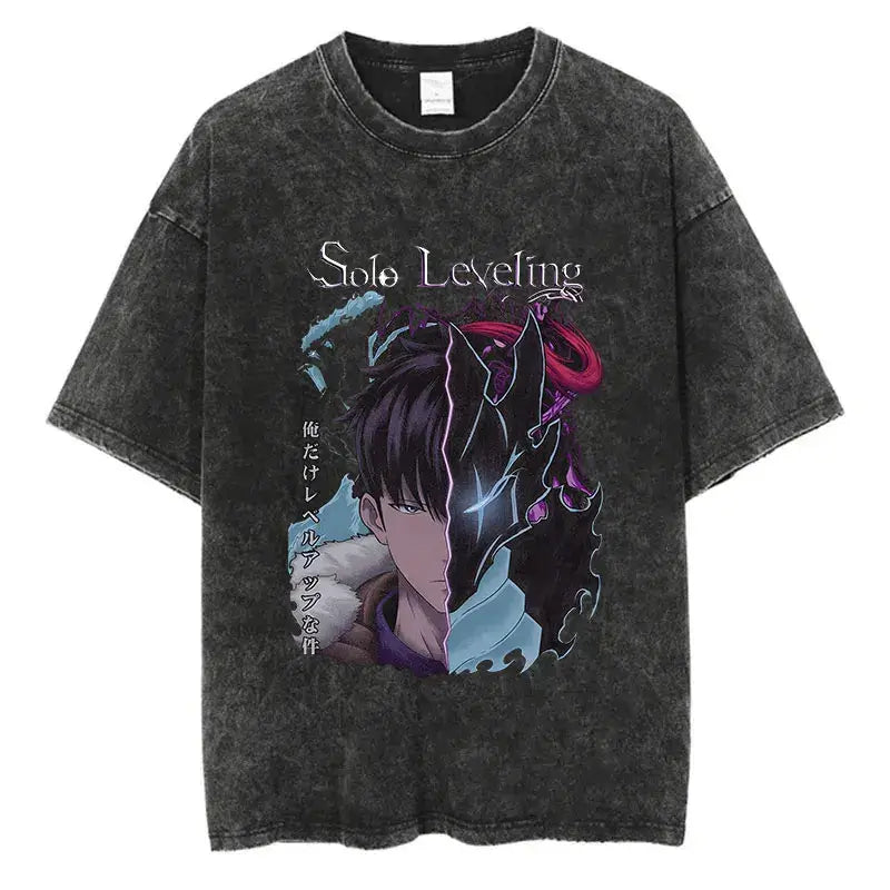 A trendy Solo Leveling Vintage T-shirt featuring a Sung Jinwoo graphic print, designed with a retro washed cotton finish for Harajuku streetwear.
