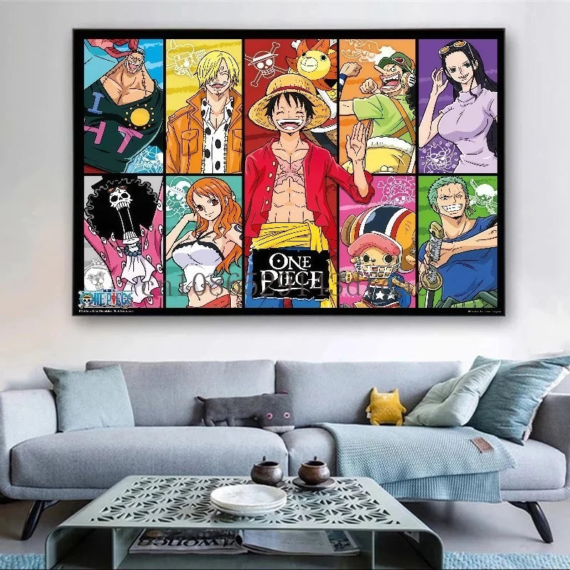 A high-definition One Piece Canvas Painting featuring Monkey D. Luffy in a watercolor art style, hanging on a modern living room wall.