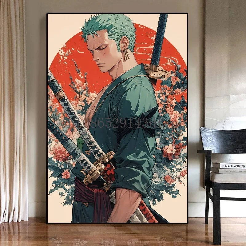 A high-quality One Piece Canvas Print featuring classic Japanese anime characters like Luffy, designed as unframed wall art for living room decoration.
