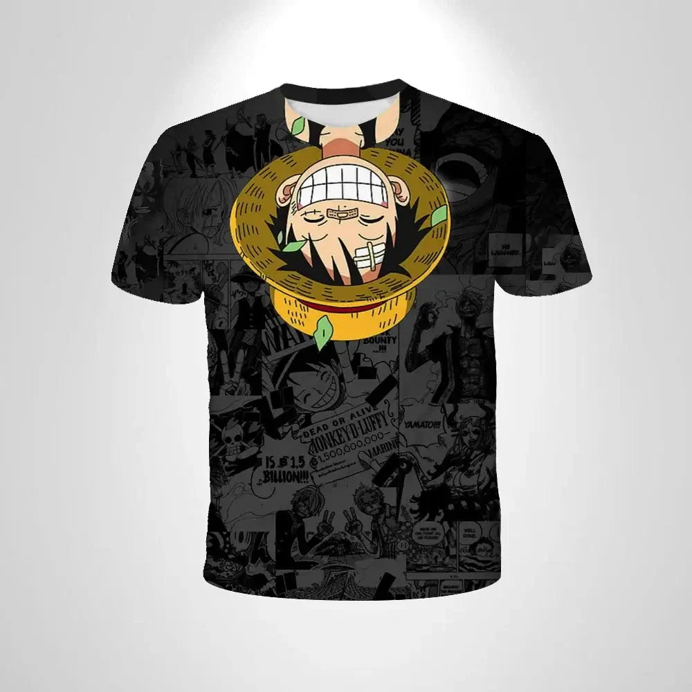 A black loose-fit One Piece Luffy T-shirt featuring a cartoon cosplay graphic of Monkey D. Luffy for men and boys.