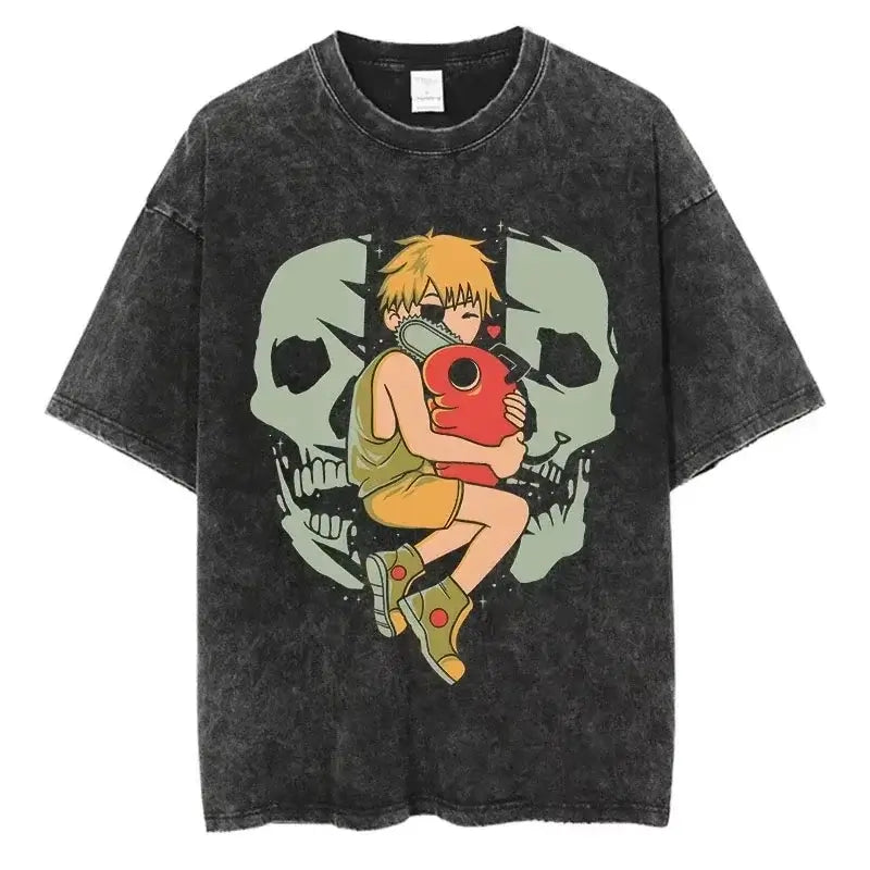 A unisex Chainsaw Man Vintage T-shirt in washed cotton with a Harajuku oversized streetwear fit.
