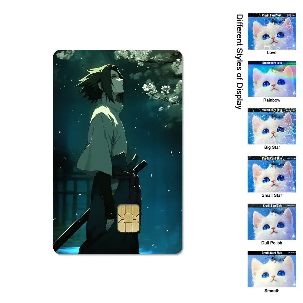 A waterproof Naruto Credit Card Skin PVC sticker featuring Uchiha Sasuke anime art applied to a standard debit bank card.