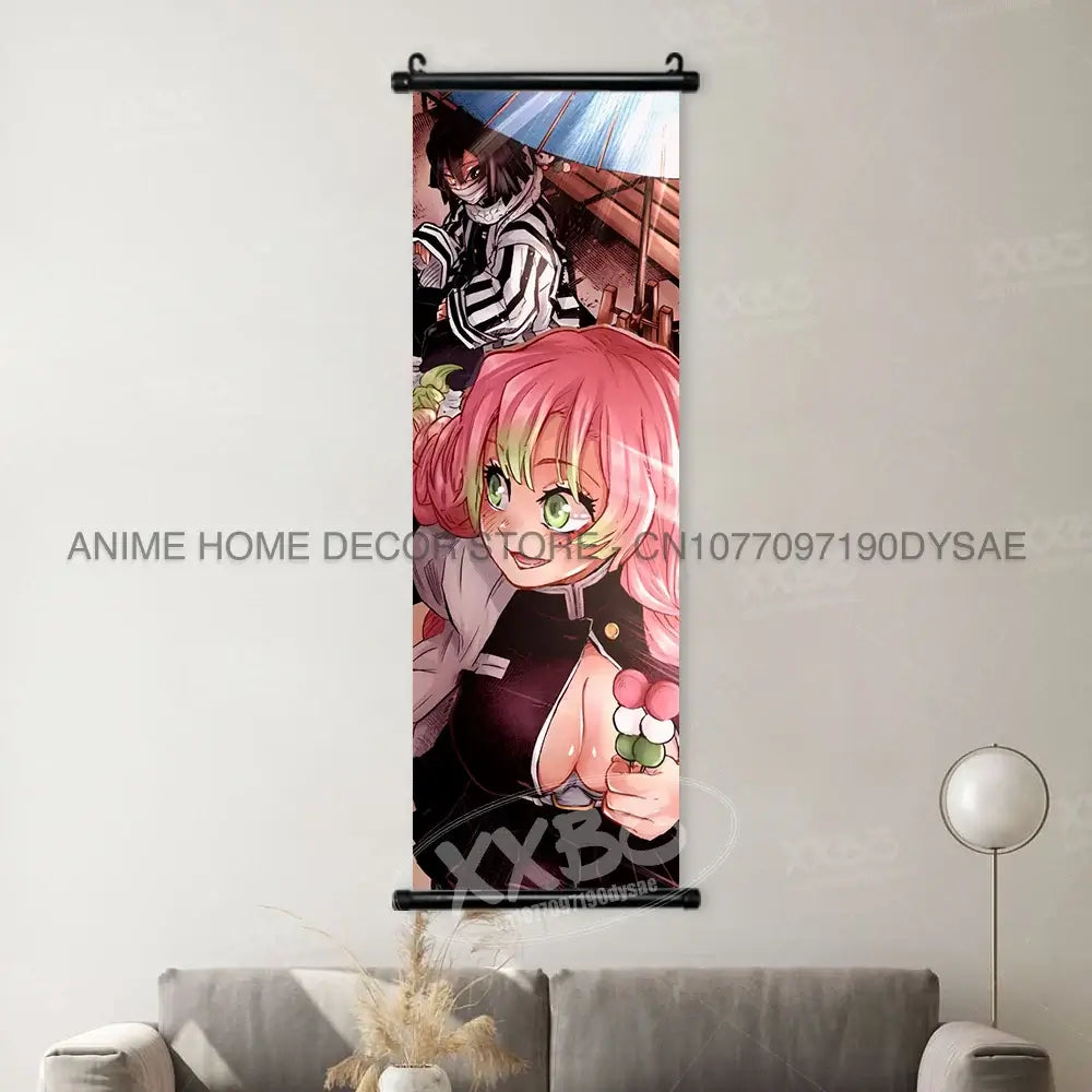 High-quality Demon Slayer Posters wall art scrolls featuring Hashira Kanroji Mitsuri, Iguro Obanai, and Tokitou Muichirou for home decor.