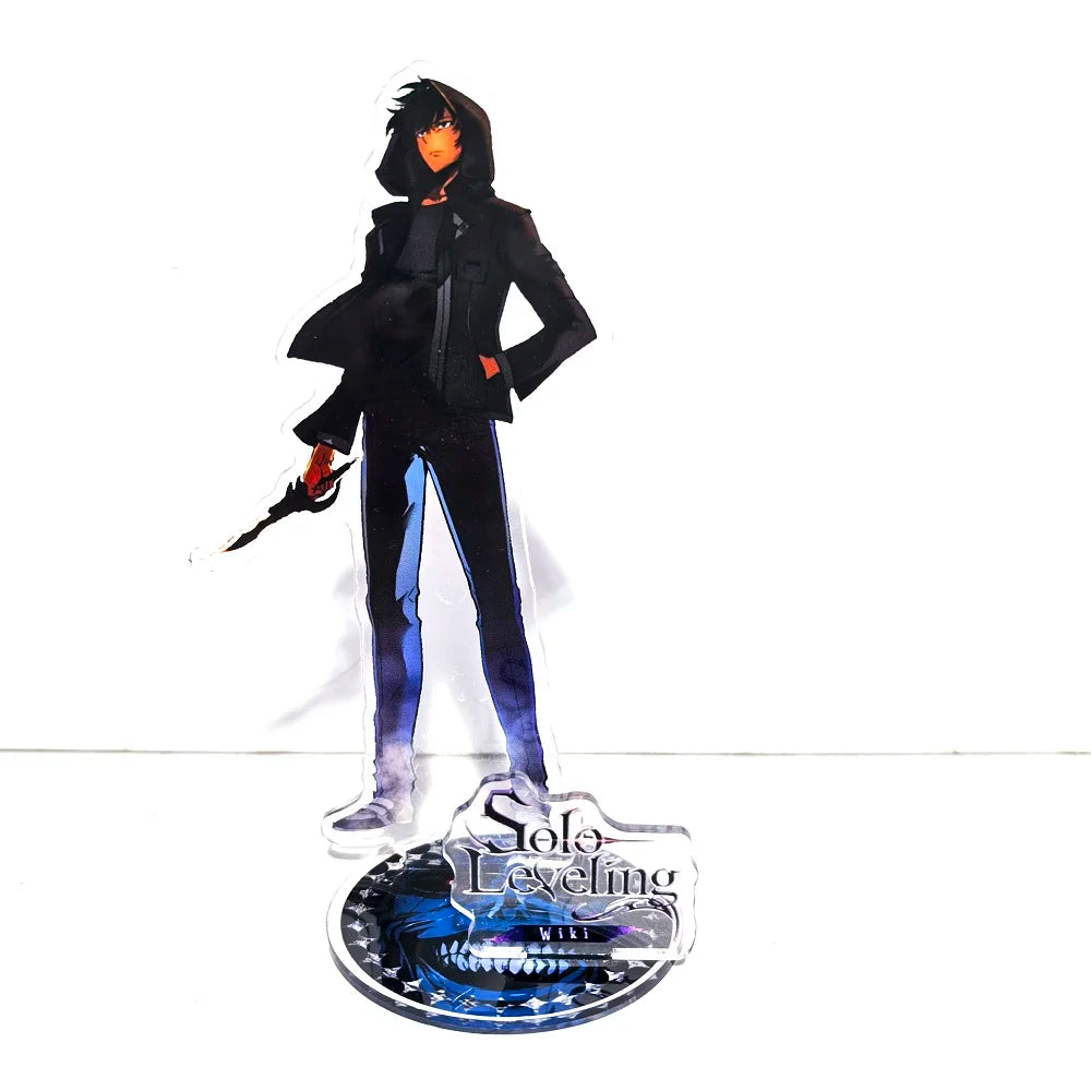 A high-definition 15cm Solo Leveling Acrylic Stand featuring Sung Jinwoo, Sung Jin Ah, and Yoo Jin Ho anime action figures for desk decoration.